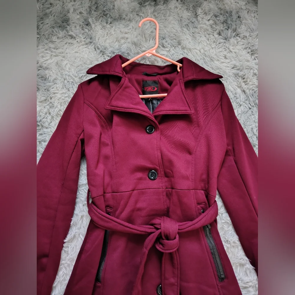 *NWT* Yoki Women's Medium Burgundy Button-up Coat With Tie At Waist - Picture 2 of 13